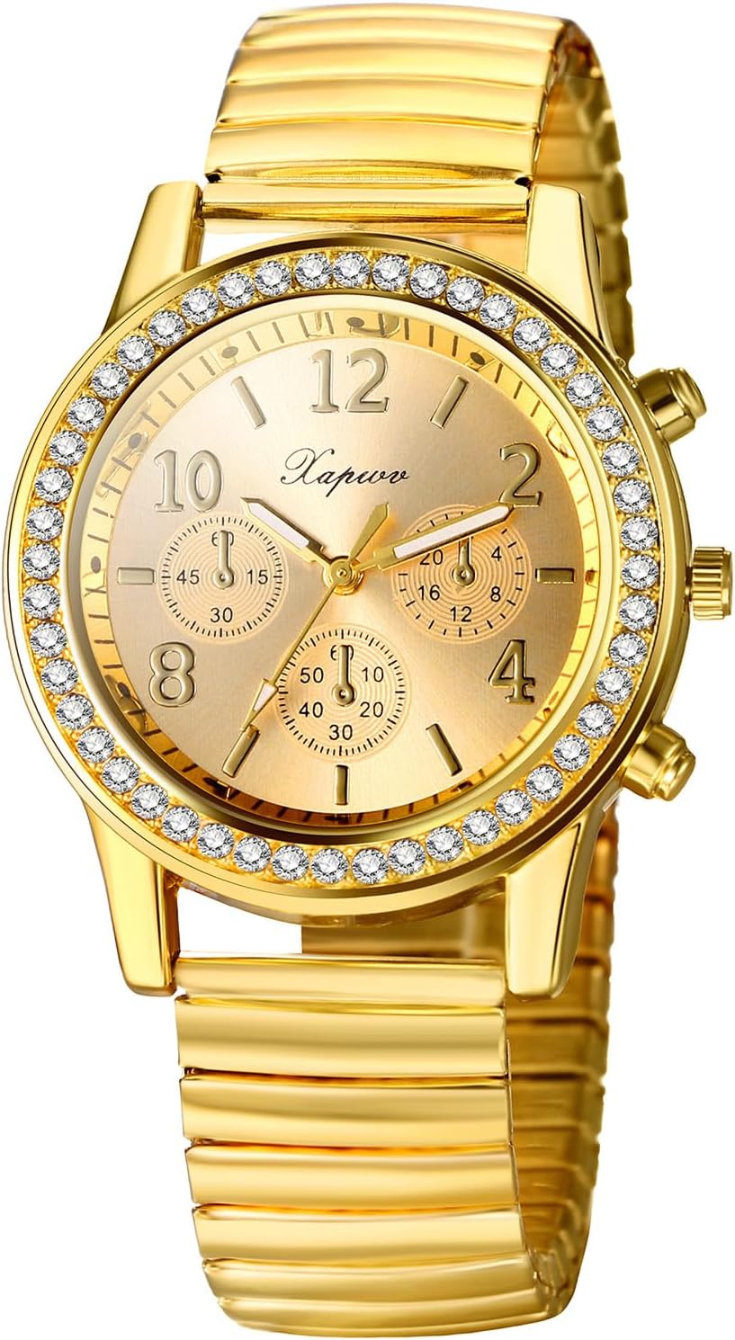 71Ln83VYQL._AC_SL1500_.jpg Quartz Watch Gold Plated Stretch Band Wristwatch - Image 1